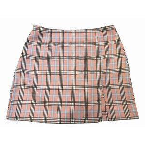 pink plaid mini skirt front slit pencil side zip lightweight retro Y2K